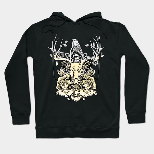 Deer and Bird Tattoo Design Hoodie by SybaDesign